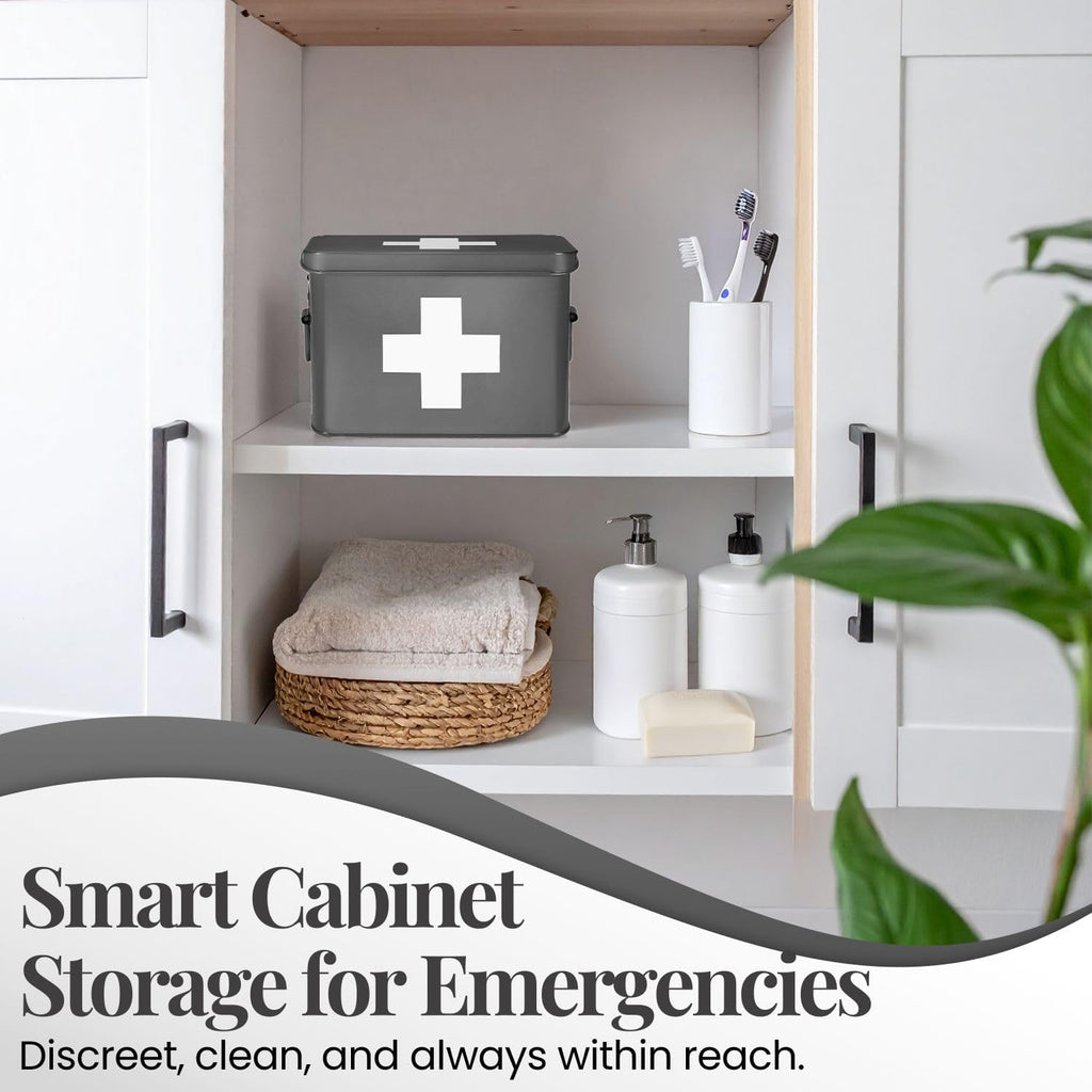 Flexzion Medicine Box, Home Pharmacy Box, 33 x 21 x 19 cm, Metal Medication Storage Box for Emergency, First Aid Cabinet, with Side Handles, Removable Tray & 5 Compartments, Grey