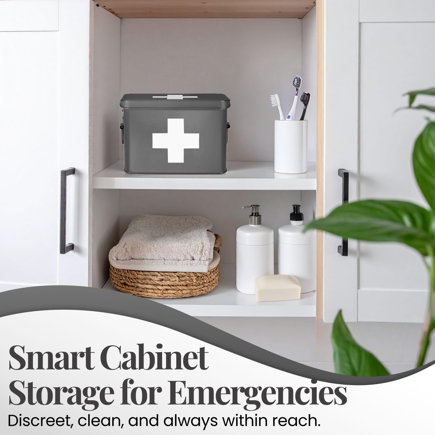 Flexzion Medicine Box, Home Pharmacy Box, 33 x 21 x 19 cm, Metal Medication Storage Box for Emergency, First Aid Cabinet, with Side Handles, Removable Tray & 5 Compartments, Grey