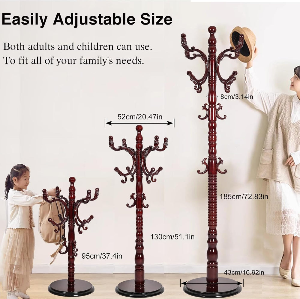 Wooden Coat Rack Freestanding, Hall Tree Hanger With Resin Hooks, Adjustable ...