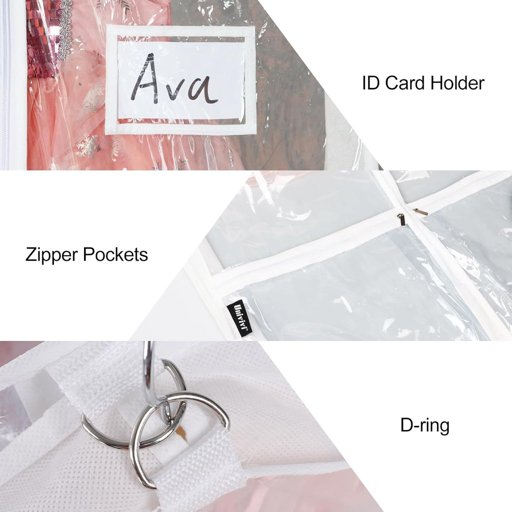 Univivi 40 Inch Dance Costume Garment Bags for Dancers, Clear, 2 Pack | Breathable Fabric, PVC Window, 4 Clear and 1 Back Zip Pocket, Foldable Garment Bags for Hanging Clothes and Dance Costumes