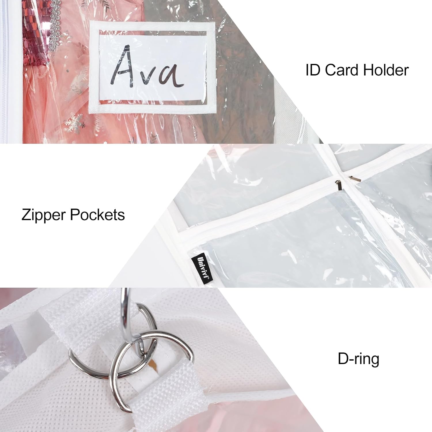 Univivi 40 Inch Dance Costume Garment Bags for Dancers, Clear, 2 Pack | Breathable Fabric, PVC Window, 4 Clear and 1 Back Zip Pocket, Foldable Garment Bags for Hanging Clothes and Dance Costumes