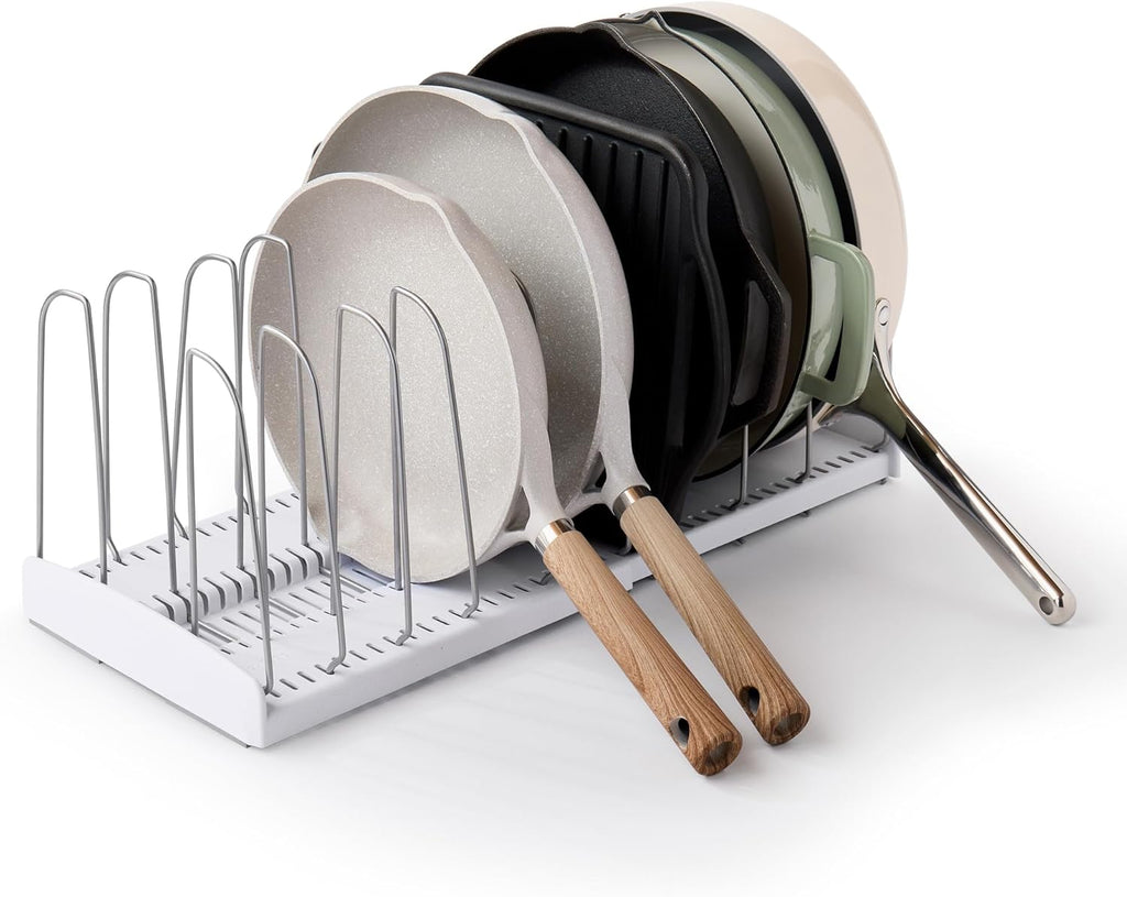 YouCopia StoreMore Expandable Cookware Rack with Tall Steel Wires, 12.5"-22" Wide Adjustable Pan Organizer for Kitchen Cabinet Storage, Premium Edition