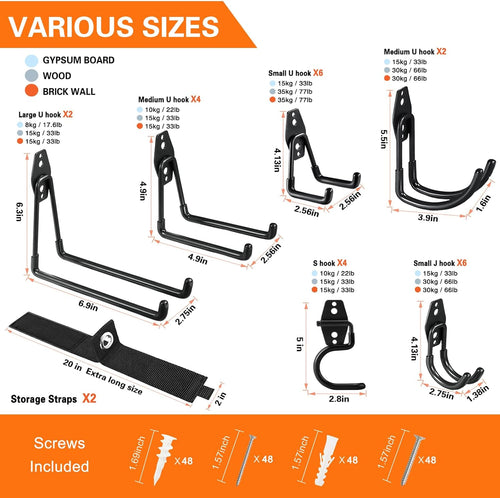 26 Pack Garage Hooks Heavy Duty Utility Steel with Anti-Slip Coating Wall Mount Storage Organizer for Hanging Power and Garden Tools, Ladders, Hose, Bikes, Ropes, Bulk Items, and More