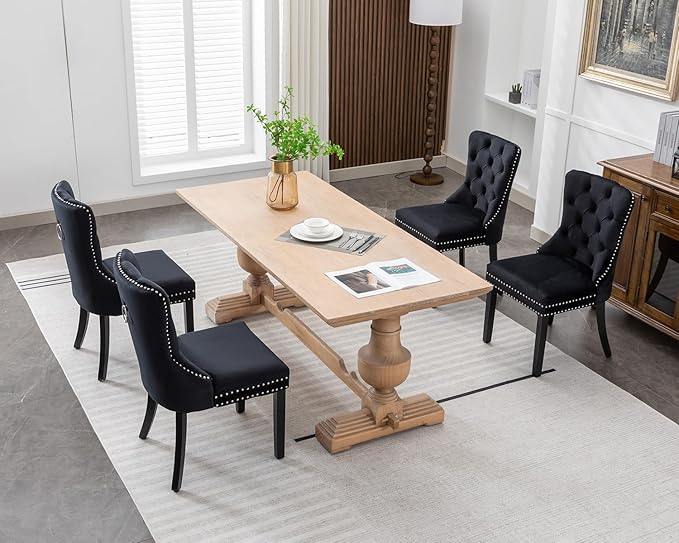 KCC Velvet Dining Chairs Set of 4, Upholstered High-end Tufted Dining Room Chair with Nailhead Back Ring Pull Trim Solid Wood Legs, Nikki Collection Modern Style for Kitchen, Black
