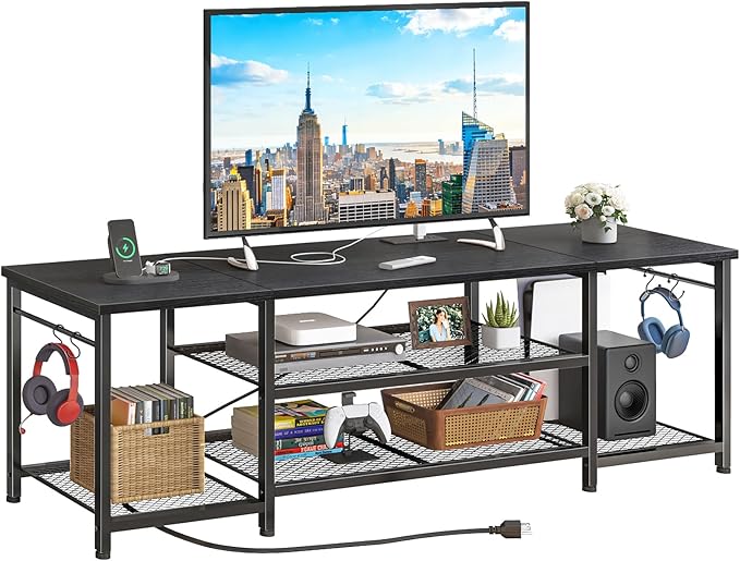 YGEOMER TV Stand for Up to 75 Inch TVs, Entertainment Center with Power Outlet and Open Storage Shelves, TV Media Console Table for Living Room and Bedroom, Black