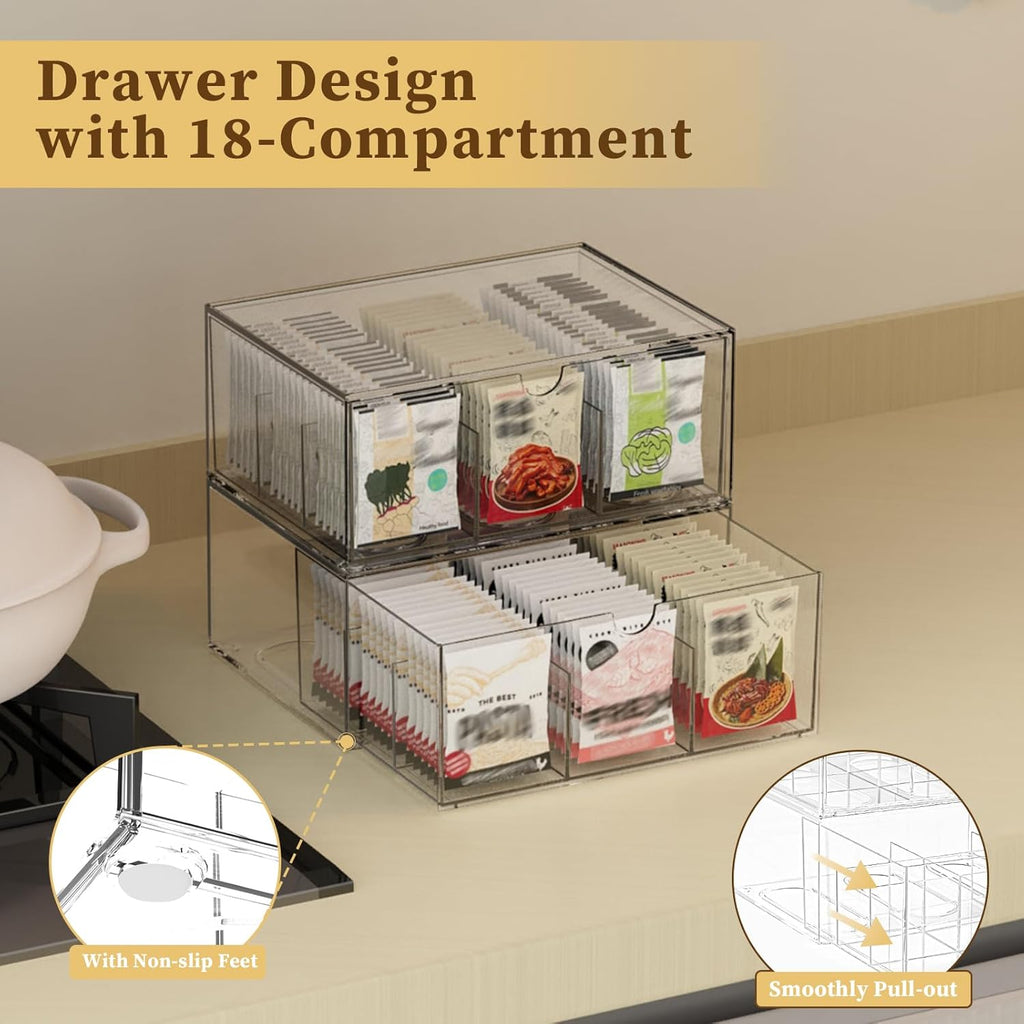 2 Pack Clear Tea Bag Organizer, Stackable Drawer Organizer with Dividers for Pantry Bathroom Vanity Kitchen - Cabinet Countertop Shelf Plastic Storage Bins for Coffee/Makeup/Cosmetic/Crafts/Underwear