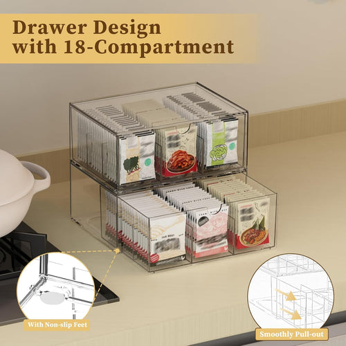 2 Pack Clear Tea Bag Organizer, Stackable Drawer Organizer with Dividers for Pantry Bathroom Vanity Kitchen - Cabinet Countertop Shelf Plastic Storage Bins for Coffee/Makeup/Cosmetic/Crafts/Underwear
