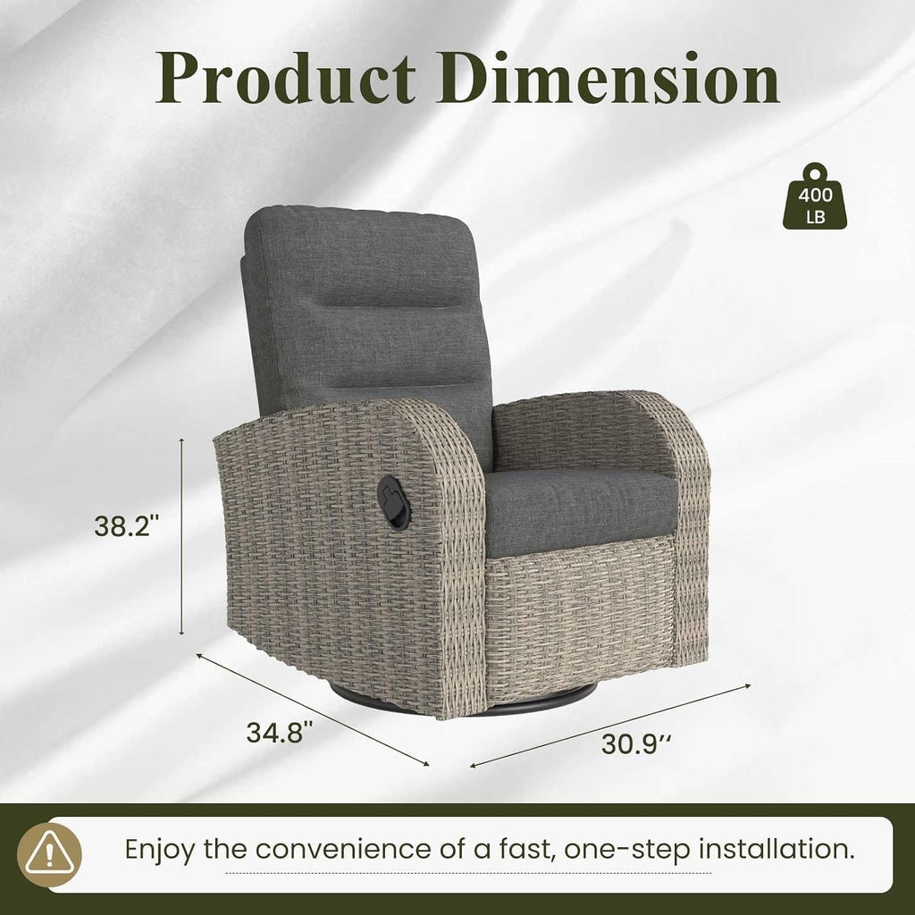 Oversized Wicker Outdoor Swivel Glider Recliner with Adjustable Backrest & Footrest, Patio Reclining Lounge Chair