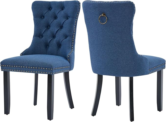 Blue Dining Chairs Set of 2, Upholstered Tufted Linen Fabric Dining Room Chai...