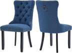 Blue Dining Chairs Set of 2, Upholstered Tufted Linen Fabric Dining Room Chairs with High Back, Nailhead Trim and Black Solid Wood Legs, Modern Dining Chair for Dining Room, Kitchen(Blue)