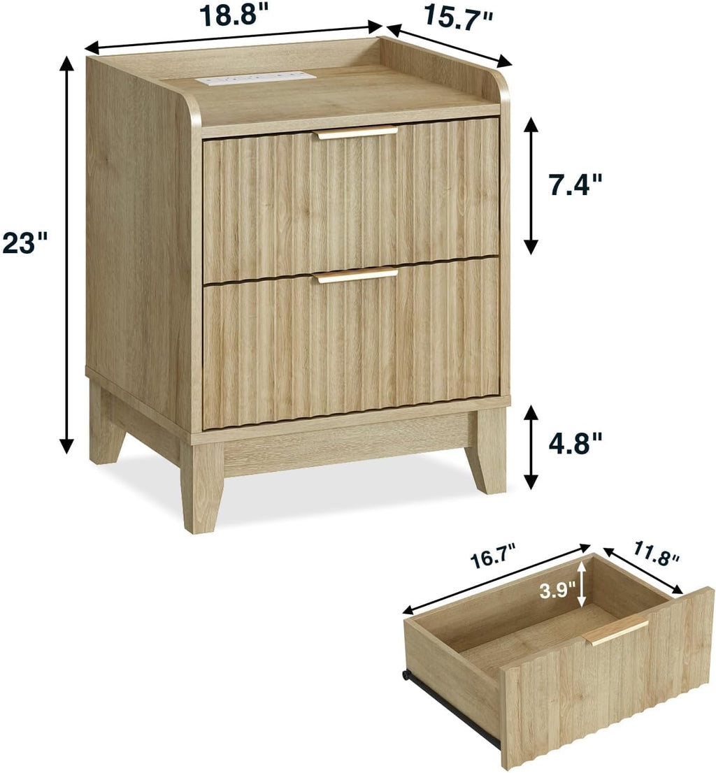 Wnutrees Fluted Nightstand with Charging Station, Modern Bedside Table with 2 Drawers, Farmhouse Wooden End Side Table for Living Room, 2Pack, Natural