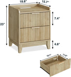 Wnutrees Fluted Nightstand with Charging Station, Modern Bedside Table with 2 Drawers, Farmhouse Wooden End Side Table for Living Room, 2Pack, Natural