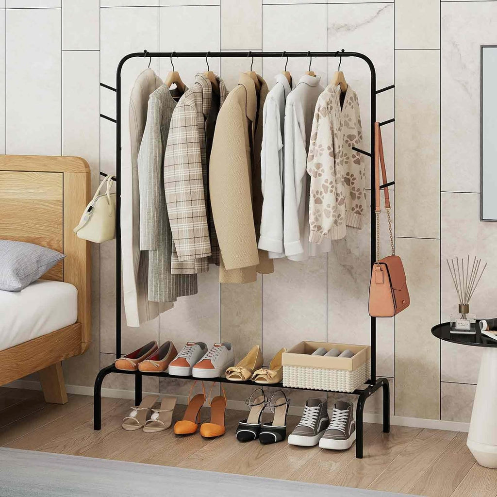 Giantex Clothes Rack for Hanging, 50" Wide Freestanding Garment Rack with Hanging Rod, 8 Hooks & Storage Shelf, Heavy-duty Metal Clothing Racks Wardrobe Organizer for Bedroom, Entryway, Laundry