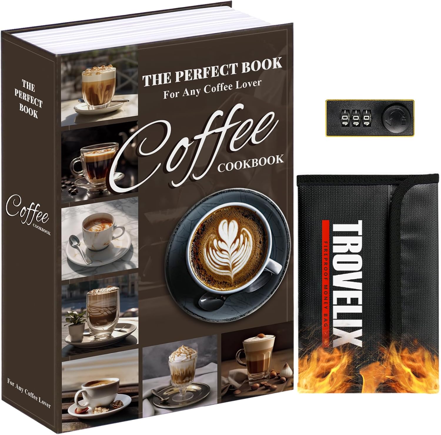 Diversion Safe Book Safe with Combination Lock, Hidden Safe (10.55 x 7.95 x 2.62 Inch) in Coffee Color, Steel Material, Waterproof and Fireproof with Fireproof Bag