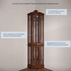 BELLEZE Lighted Corner Display Curved Top Curio Cabinet Wooden Shelving Unit with Tempered Glass Door, Bar and Liquor Storage Area with 5 Shelves - Loraine (Walnut)
