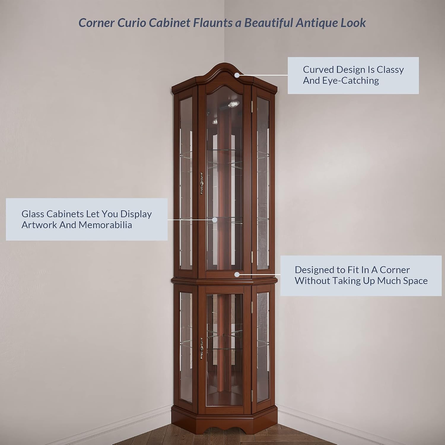 BELLEZE Lighted Corner Display Curved Top Curio Cabinet Wooden Shelving Unit with Tempered Glass Door, Bar and Liquor Storage Area with 5 Shelves - Loraine (Walnut)
