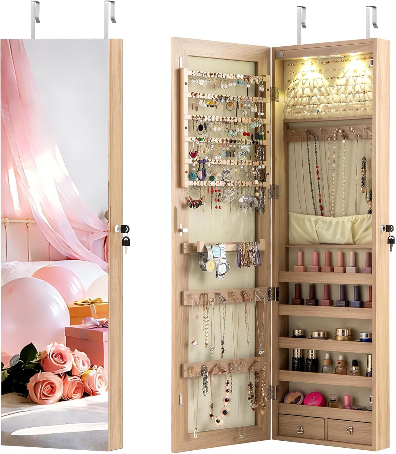 NAFORT 2 LEDs Full Length Mirror with Jewelry Armoire, Jewelry Organizers and Storage with 2 Mounting Options, 47.5”H Jewelry Cabinet with 2 Drawers, Make up & Lockable Jewelry Box, Natural Wood