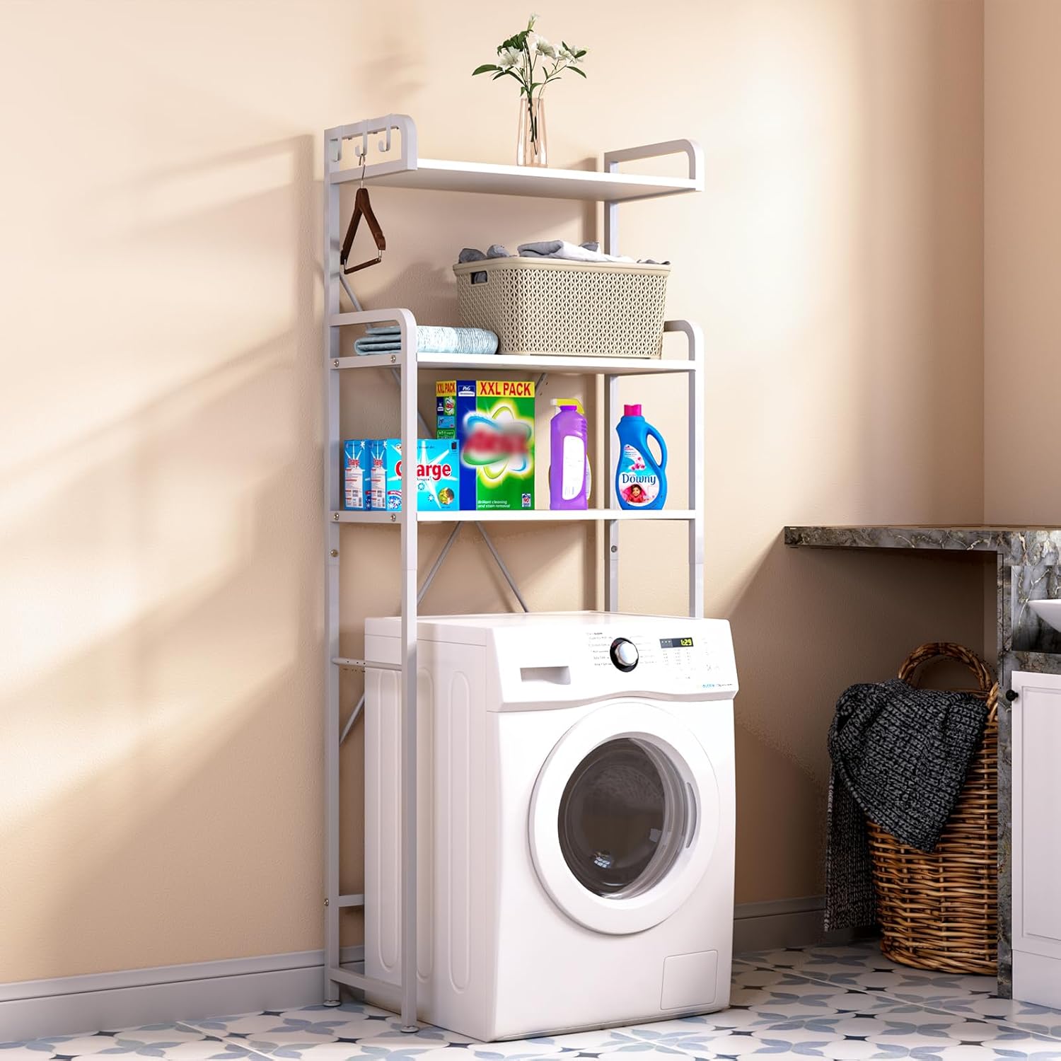 Over The Toilet Storage Rack with 3-Tier Bathroom Shelves, Space Saver Toilet Shelf, Bathroom Storage Organizer with Hooks for Over Toilet Storage and Shelf (White)