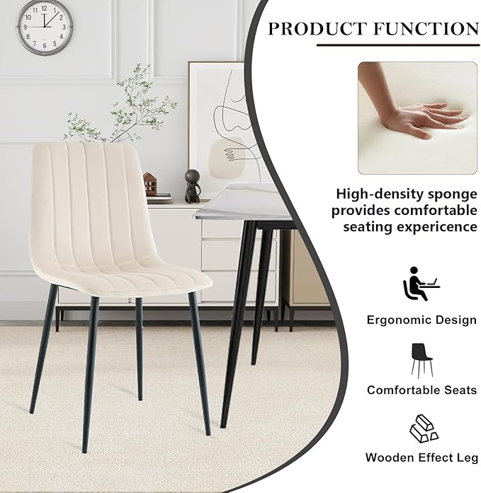 Dining Chairs Set of 6, Modern Kitchen Dining Room Chairs, Ergonomic Velvet Dining Chair Upholstered Cushion Seat and Sturdy Metal Legs(Beige)