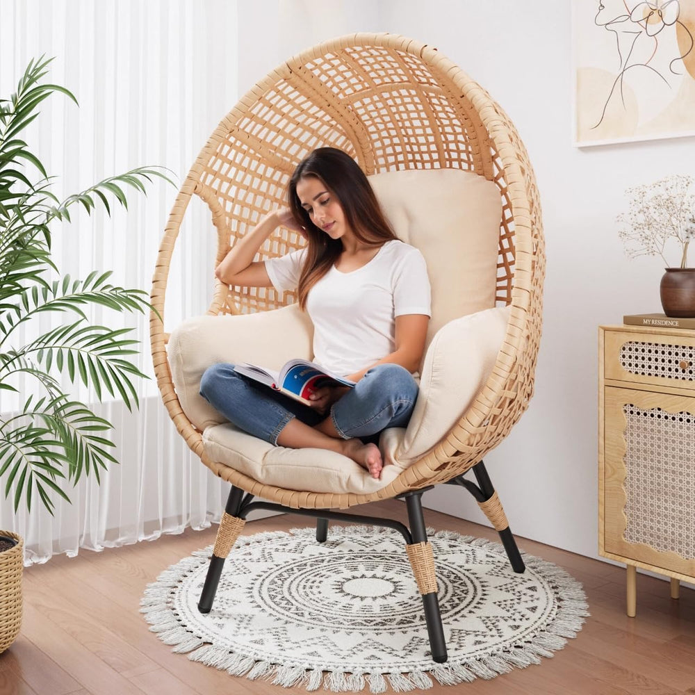 Oversized Wicker Egg Chair Outdoor Indoor Rattan Patio Egg Lounge Chairs with...