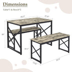 VECELO Kitchen Dining Table Set for 4, 43.3" Wood Rectangle Dinette with 2 Benches, Heavy-Duty Metal Frame for Small Space, Breakfast Nook, Grey