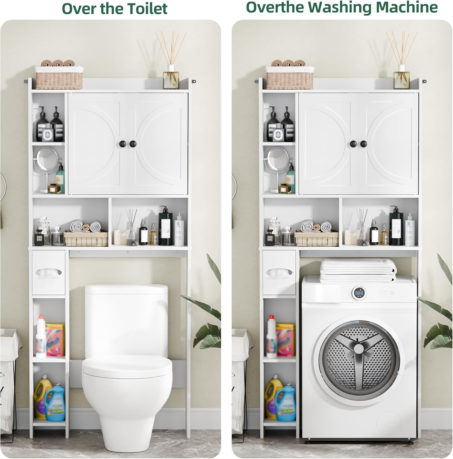 Over The Toilet Storage Cabinet with 2 Barn Door and Toilet Paper Holder Stand, Adjustable Shelf, Freestanding Organizer for Bathroom, or Laundry Room, White