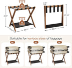 Fully Assembled Walnut Luggage Racks Set of 2, Bamboo 26.77" Luggage Rack Stand for Guest Room, 5 Nylon Straps, Foldable Suitcase Stand with Storage Shelf for Bedroom Hotel, Holds up to 165 Lbs