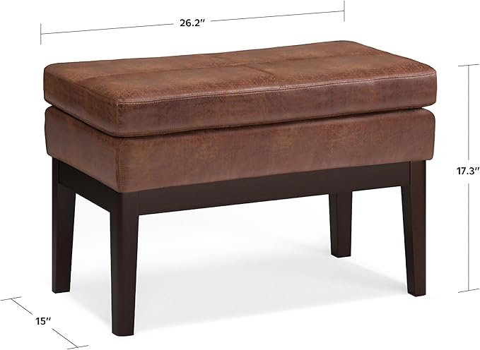 SIMPLIHOME Carlson Ottoman Bench Solid Pine Wood Frame with Faux Leather Upholstery for Living Room, Bedroom, Entryway, 26.4 x 15 x 17.5 inches, Distressed Saddle Brown