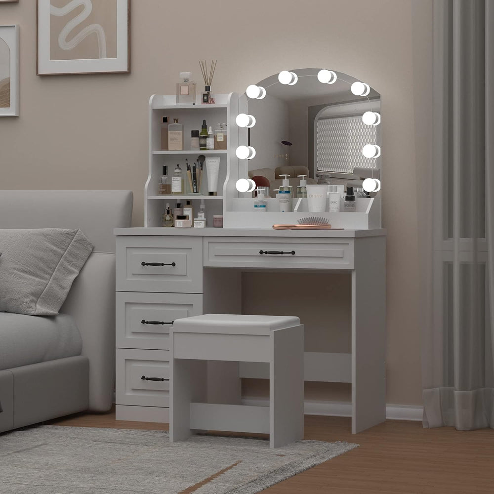 Vabches Vanity Desk with Mirror and Lights,Makeup Vanity Set for Bedroom | Wh...