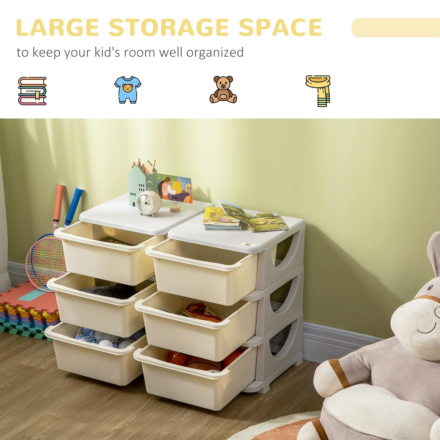 Qaba 3 Tier Kids Storage Unit, 6 Drawer Chest Toy Organizer Plastic Bins for Kids Bedroom Nursery Kindergarten Living Room for Boys Girls Toddlers, Cream White