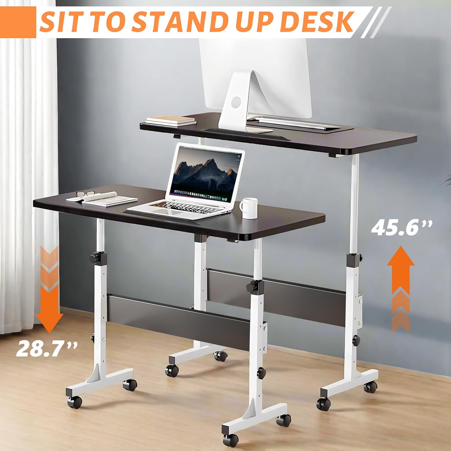 Rolling Desk Adjustable Height,Portable Laptop Desks,Small Standing Desk with Wheels for Home Office (31.50 * 15.75,Black)