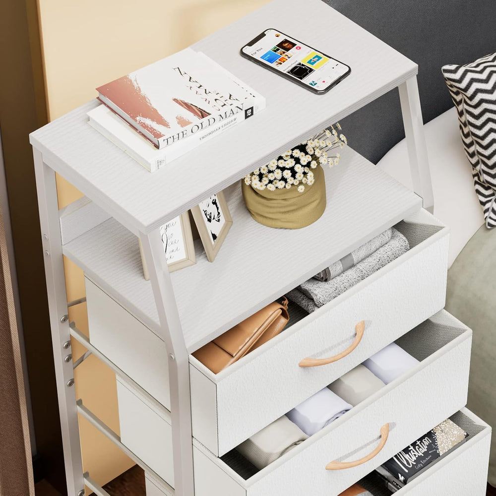 Furnulem White Tall Dresser for Bedroom, 5 Fabric Bins Tall Nightstand | Dorm...