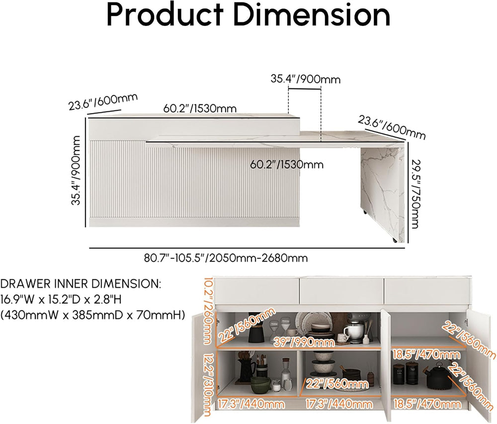 homary Extendable Kitchen Island with Storage 81"-106", White, Wood...