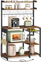 VASAGLE Bakers Rack with Power Outlet, 35.4 Inches Microwave Stand, Coffee Bar, 4 AC Outlets, with Adjustable Shelves, 8 S-Hooks, Basket, Spice Racks, Rustic Brown and Ink Black UKKS031K01