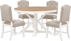 SogesPower 5-Piece Round Farmhouse Retro Dining Table Set for 4, Space-Saving Kitchen Table Set with Extendable Table and 4 Upholstered Chairs for Dining Room Living Room,Oak Natural Wood