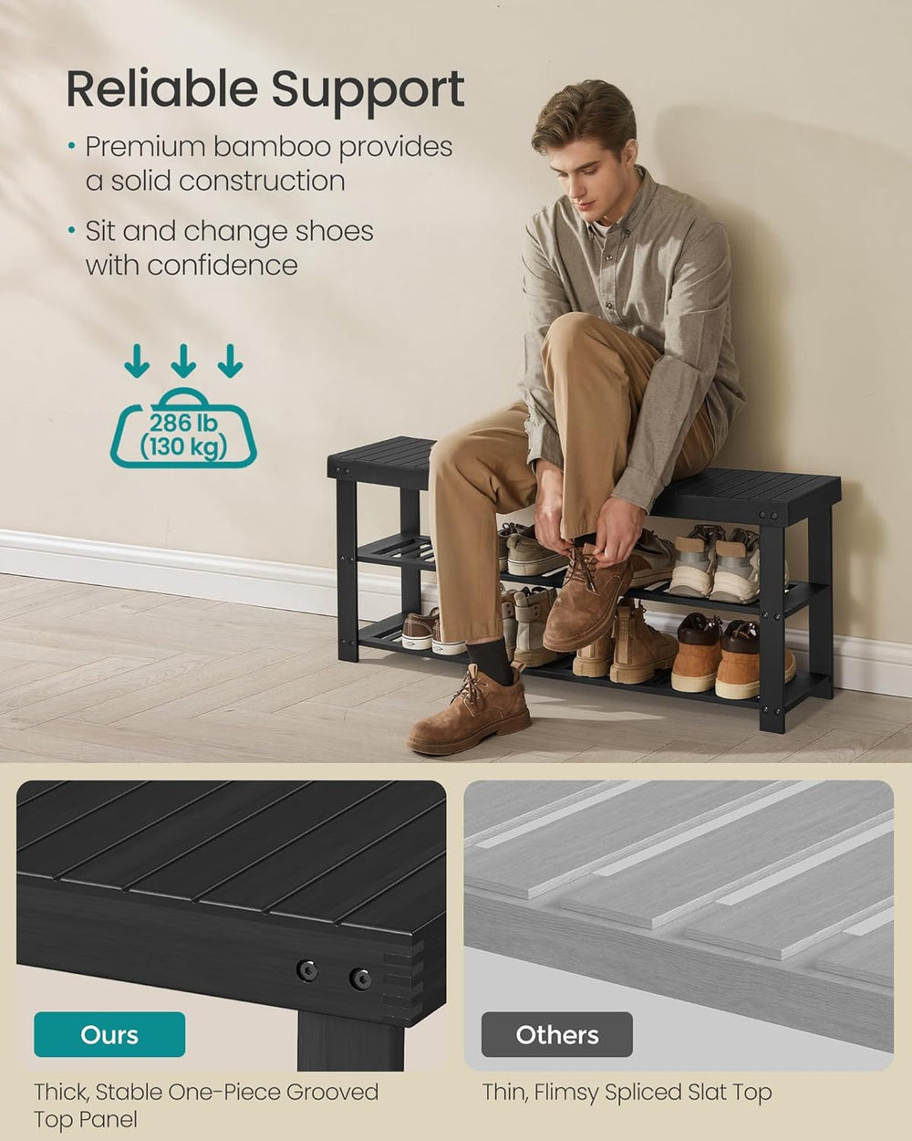 SONGMICS Shoe Rack Bench, 3-Tier Bamboo Shoe Storage Organizer, Entryway Benc...