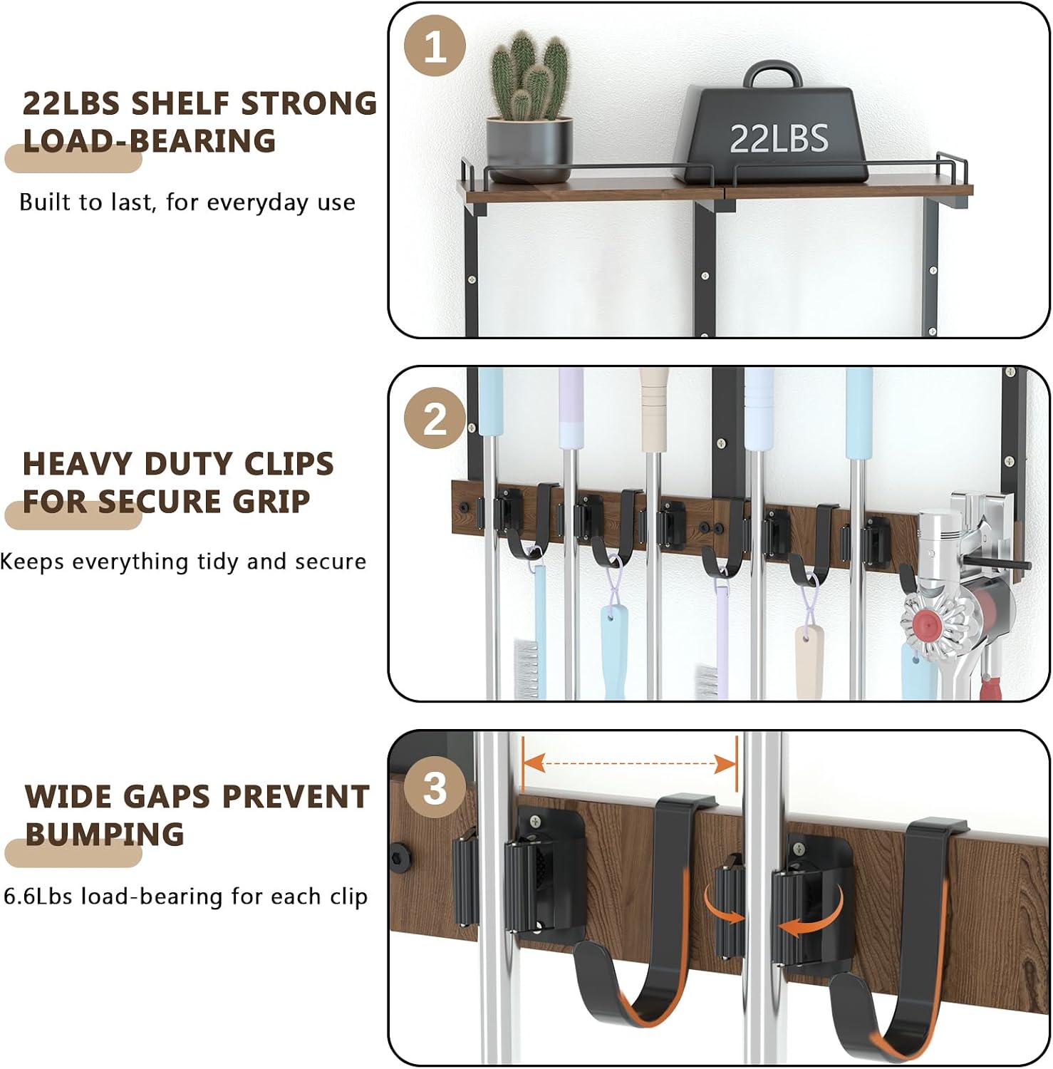 Mop Holder Wall Mount with Cleaning Supplies Organizer, Wood Mop and Broom Hanger Rack Organizer with Anti-Fall Wall Shelf with 5 Clips & Hooks for Garage Laundry Room Kitchen (Dark)