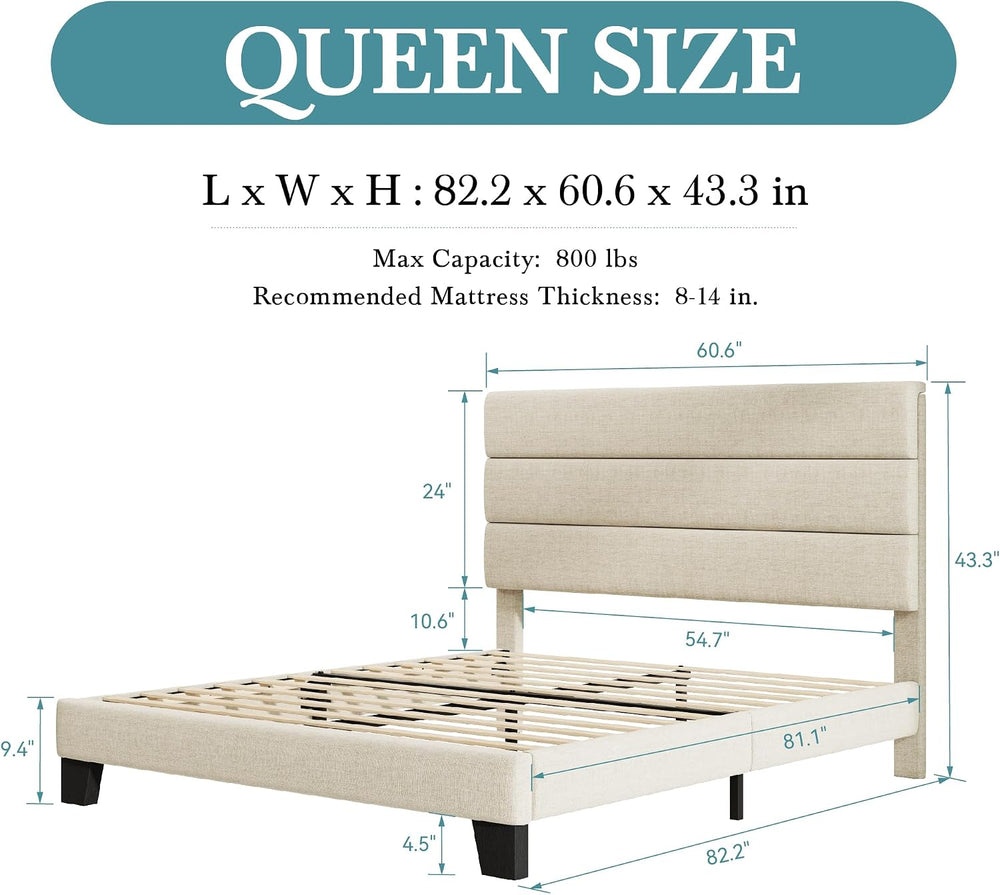 HOOMIC Queen Size Bed Frame with Headboard, Fabric Upholstered Platform Bed w...