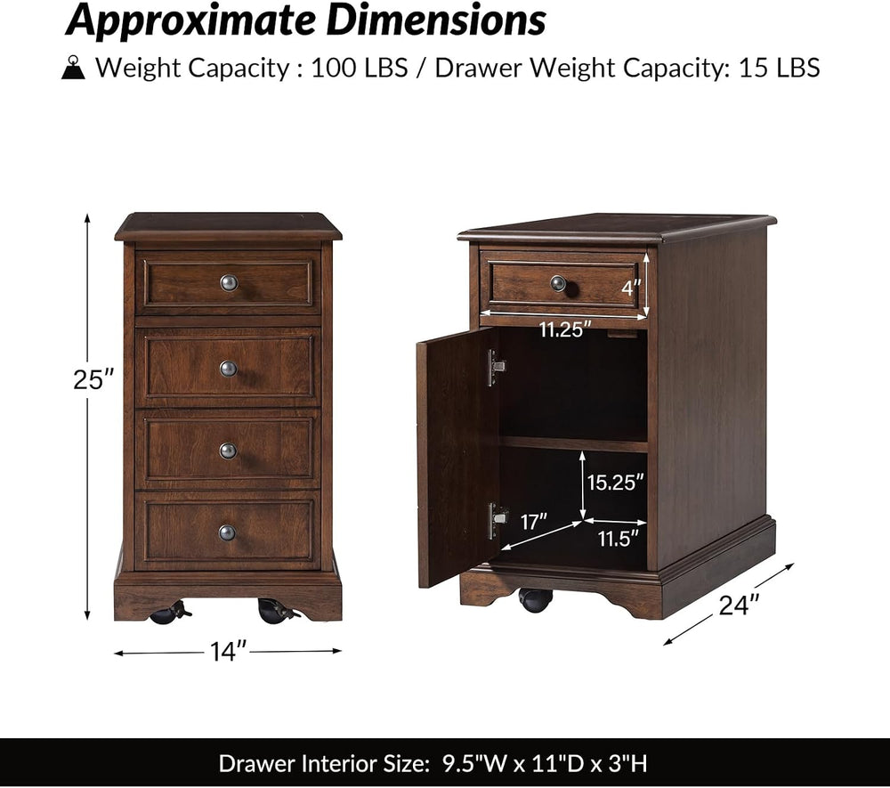 25" Tall Traditional End Table with Rolling Casters & Charging Stati...
