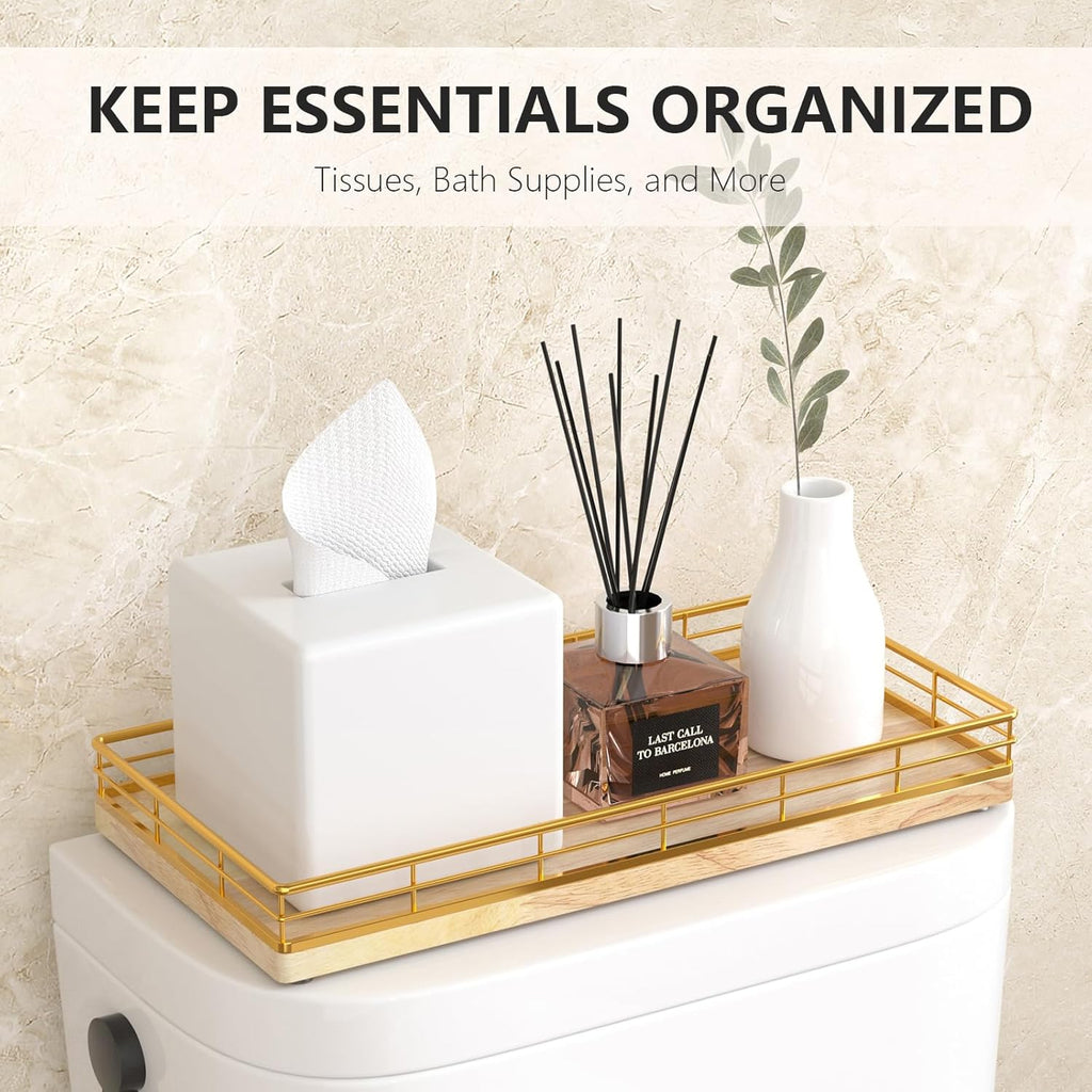 Toilet Paper Basket Organizer – Oak Wood Toilet Tank Tray with Metal Frame, Back of Tank or Top Bathroom Counter Storage – Gold & Oak Modern Decor