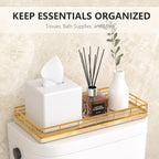 Toilet Paper Basket Organizer – Oak Wood Toilet Tank Tray with Metal Frame, Back of Tank or Top Bathroom Counter Storage – Gold & Oak Modern Decor