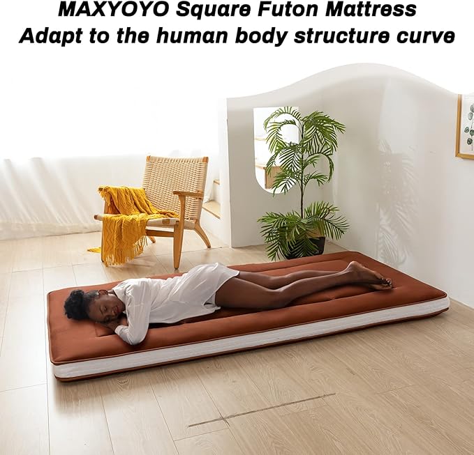 MAXYOYO Futon Mattress, Japanese Floor Mattress Quilted Bed Mattress Topper, Extra Thick Mattress Folding Sleeping Pad Breathable Floor Lounger Guest Bed for Camping, Coffee, Twin