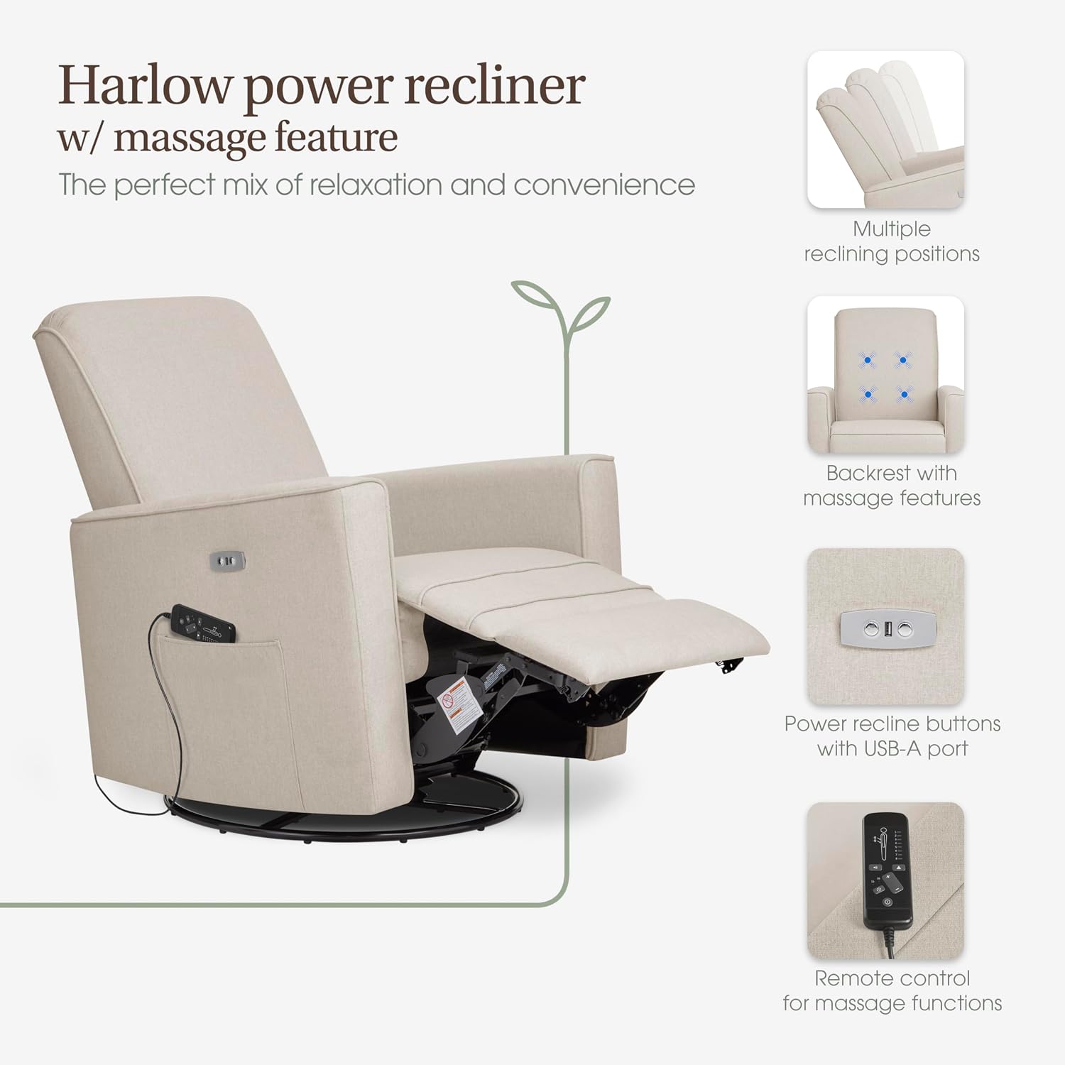 Evolur Harlow Deluxe Upholstered Plush Seating Glide Rocker, Swivel, Power Recliner USB Port with in-Built Massager, Greenguard Gold Certified, Glider Chair for Nursery in Light Sand