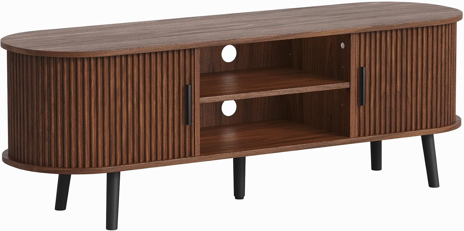ChooChoo 54" Mid Century Modern TV Stand with Fluted Sliding Doors | Entertainment Center with Hidden Storage and Adjustable Shelf, TV Console for Living Room, Bedroom, Walnut
