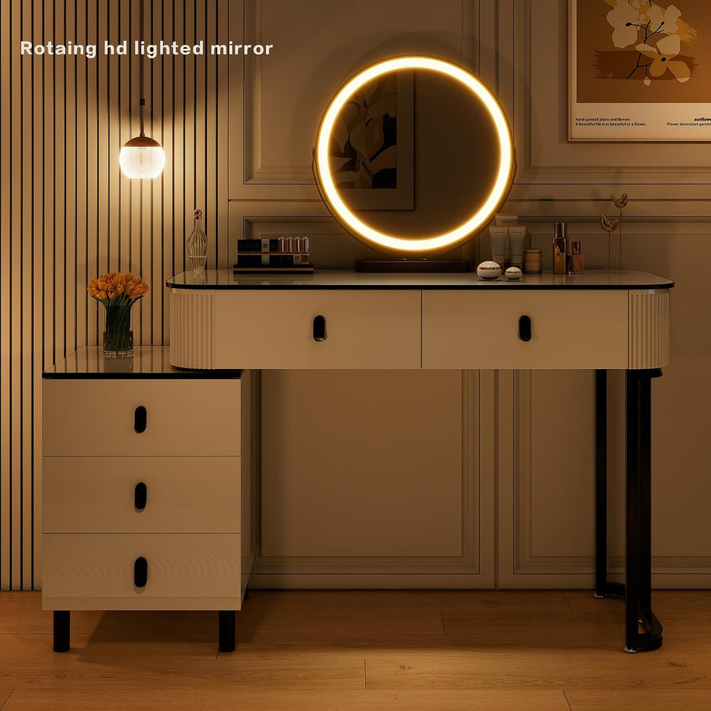 KDCAS Small Makeup Vanity Desk with Mirror and LED Lights | Modern Fluted Van...