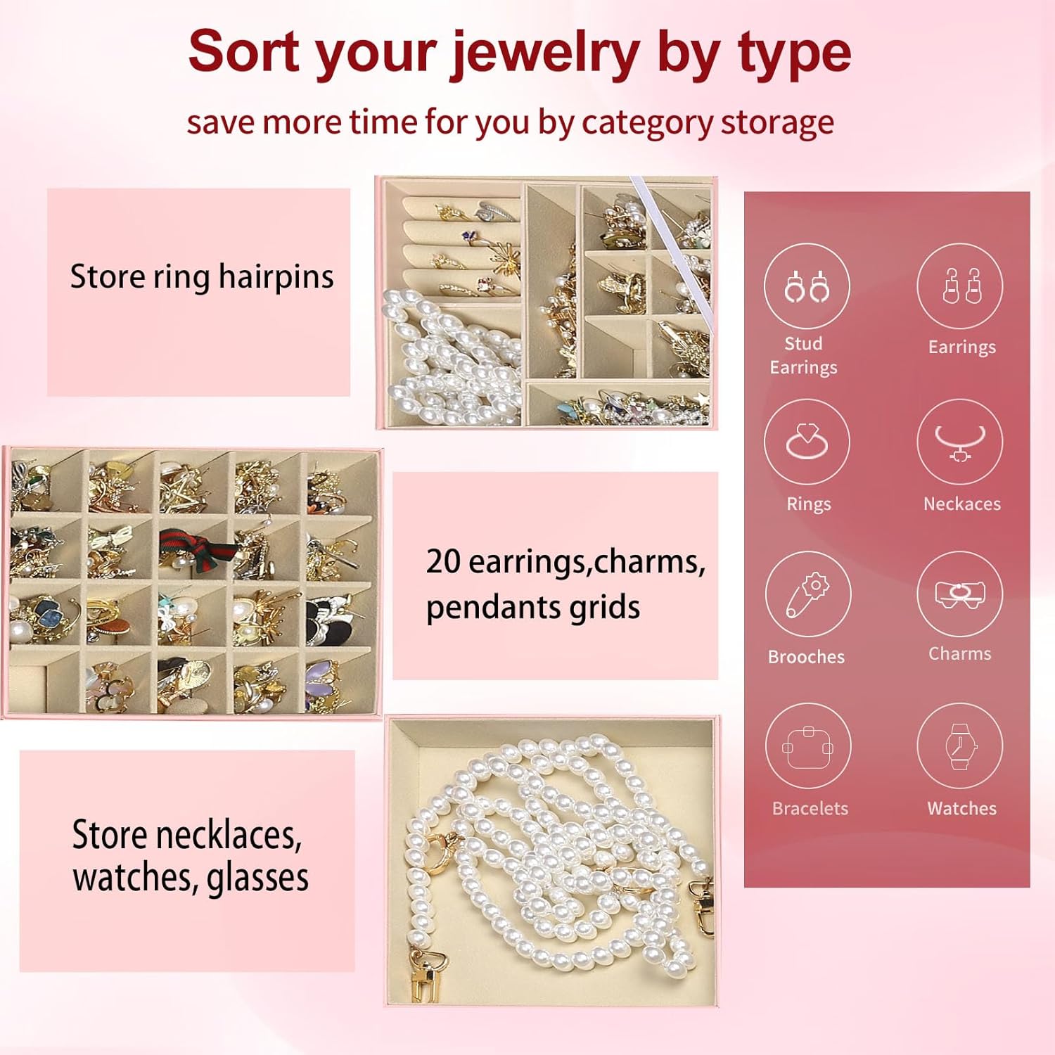 BOOVO Clear Lid Jewelry Box,3 Layers Jewelry Organizer Large Multi-Functional Jewelry Storage Box with 2 Drawers,Jewelry Display Case of Rings Earrings Necklace Bracelets for Women Girls (Pink)