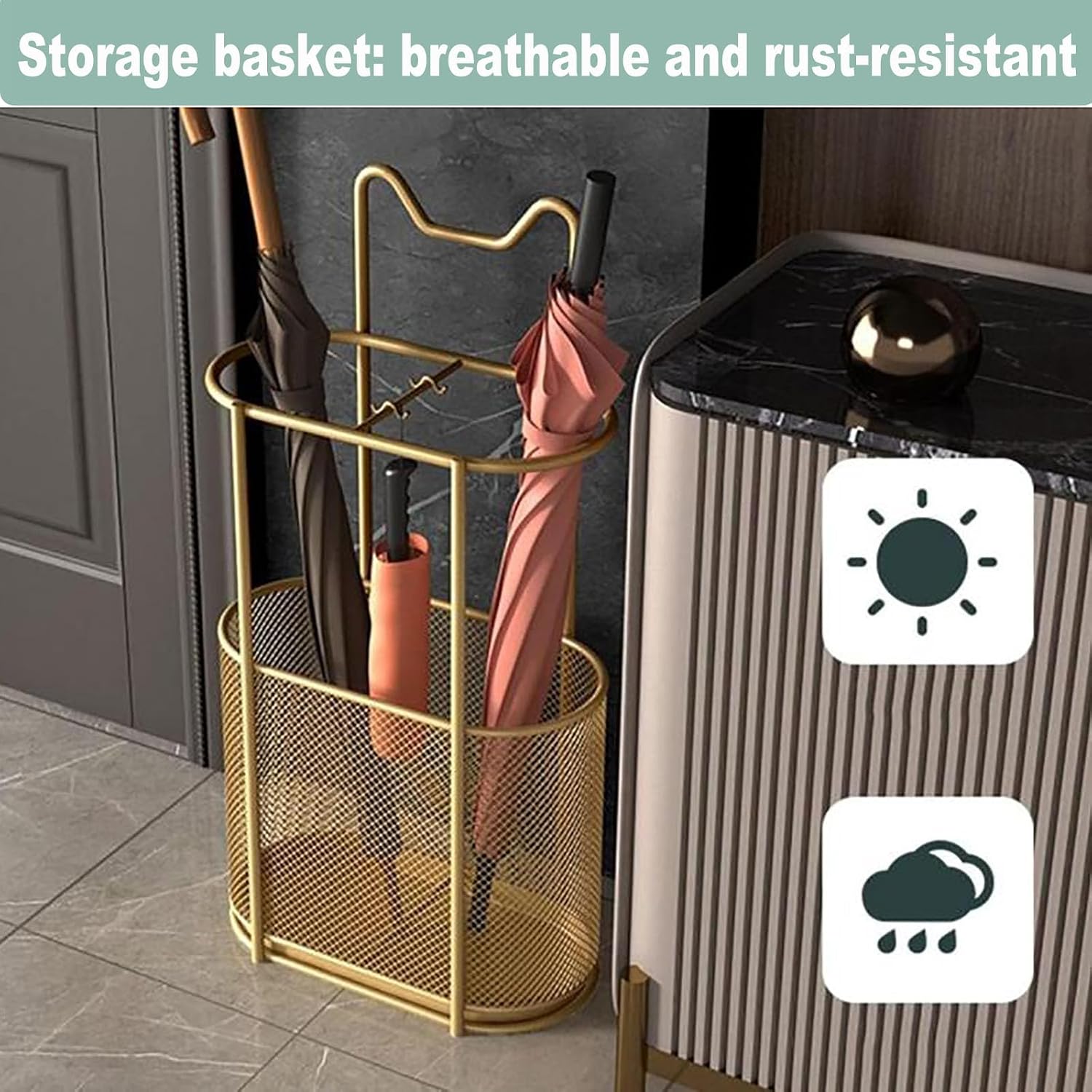 Freestanding Cat Ear Design Umbrella Holder for Entryway,Metal Mesh Umbrella Rack with Hooks & Bottom Drip Tray Storage Organizer Umbrella Stand,for Canes,Umbrellas,Home,Office,Hotel