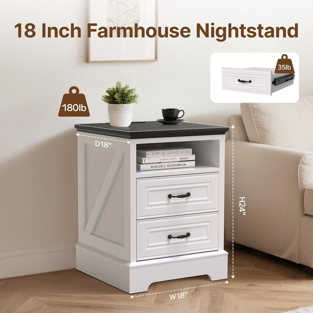Eondon 18" Farmhouse Nightstand with Charging Station, 2 Drawers Bedside...
