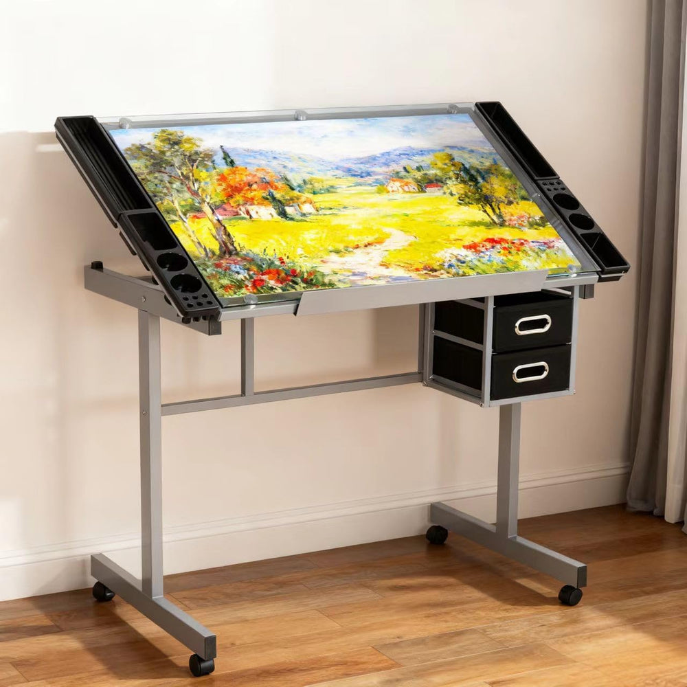 ZENY Glass Drafting Table for Artists | Mobile Rolling Drawing Desk with Adju...