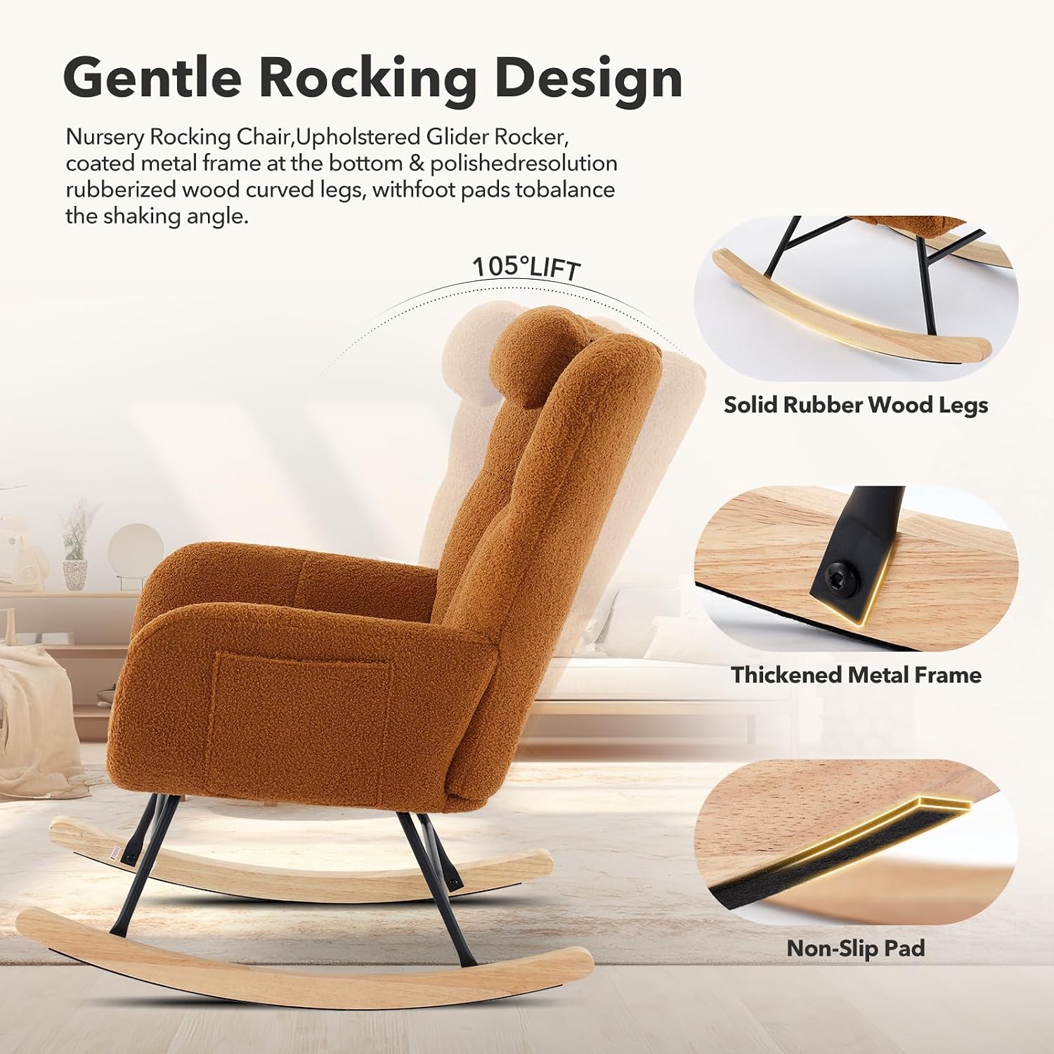 300lb Capacity Nursery Glider Rocker,Teddy Upholstered with Wood Legs for Living Room,Bedroom Nursery Includes Side Pockets